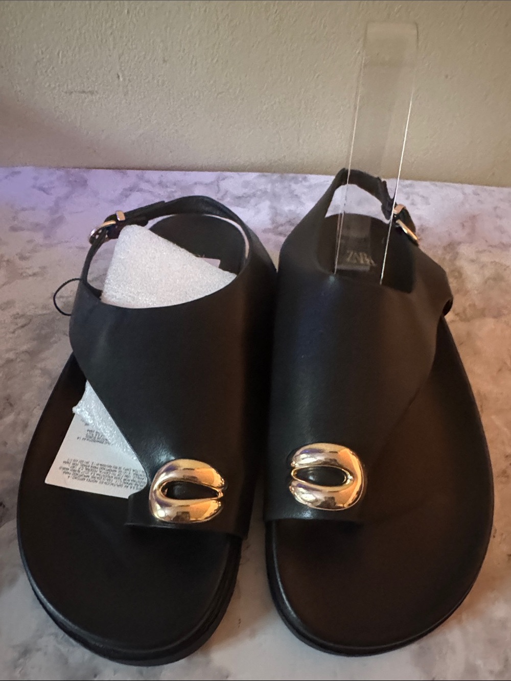Women's Black Slingback Sandals with Gold Buckle Accent